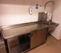 Stainless steel deep bowl sink, with drainer and below cupboard, 2300mm length, including high