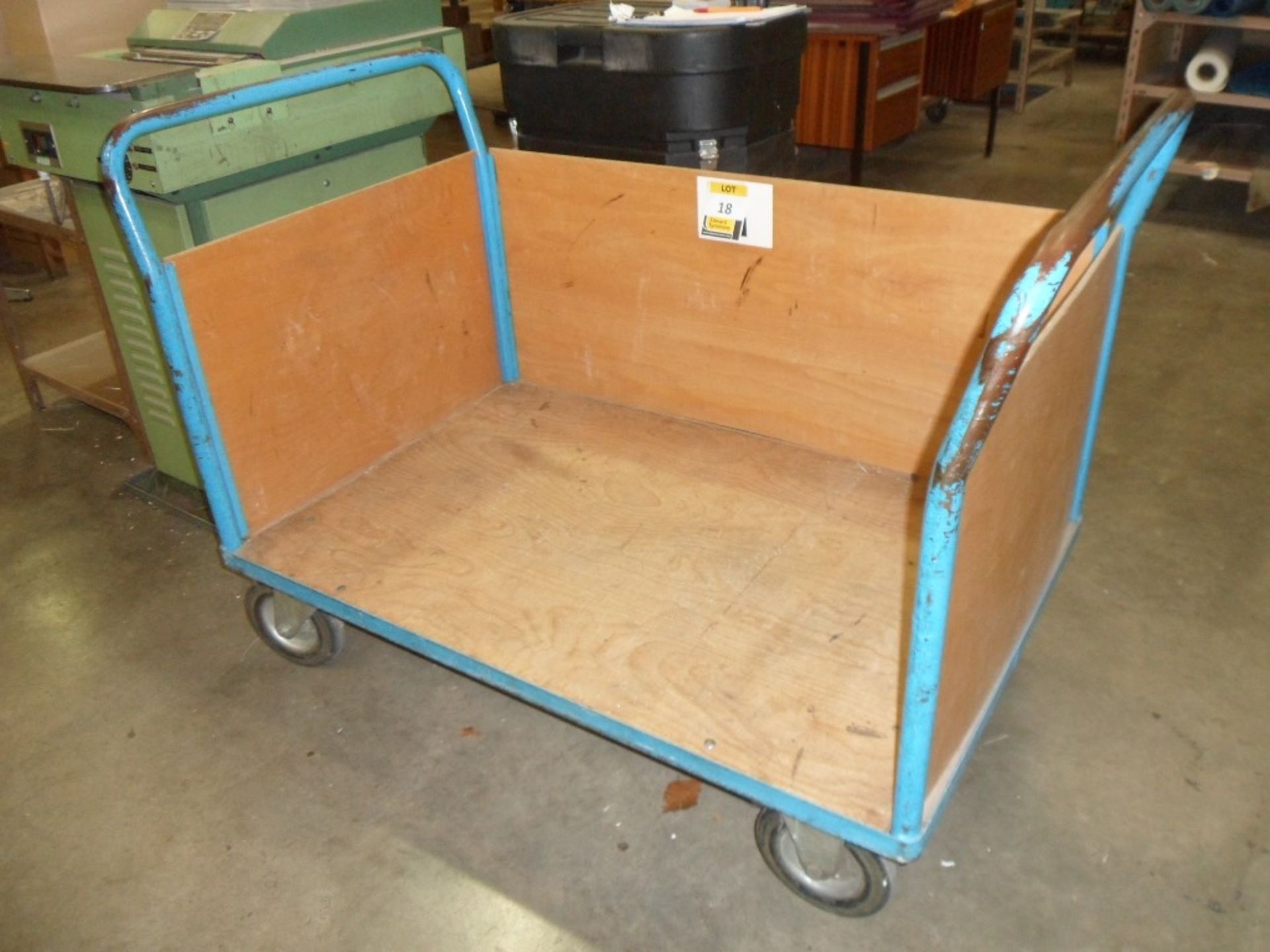 4 wheel tubular steel framed trolley, 48in x 30in with plyboarding to 3 sides (located at Falkirk)