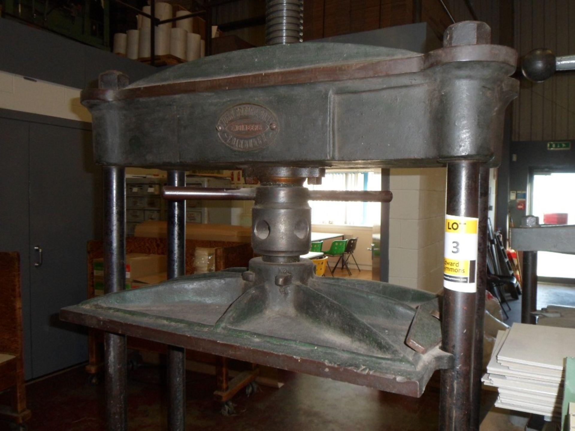 John Greig & Son 4 column bookbinders standing press, 27" x 21" platen, max daylight 42in (located
