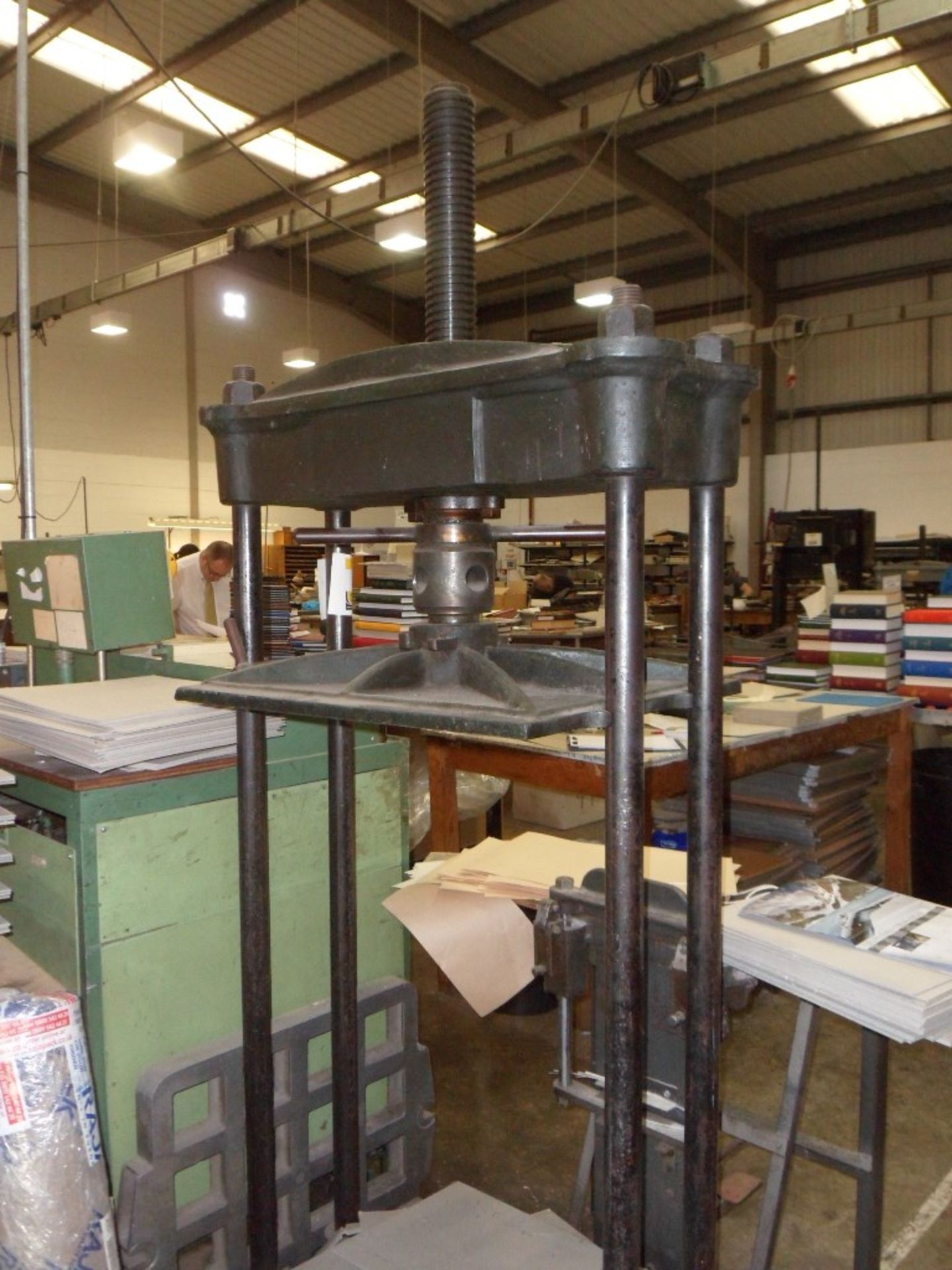 John Greig & Son 4 column bookbinders standing press, 27" x 21" platen, max daylight 42in (located - Image 2 of 2