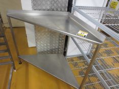 Stainless steel 2 tier corner table with rear upstand, length 700mm x 800mm, diagonal length 1150mm,