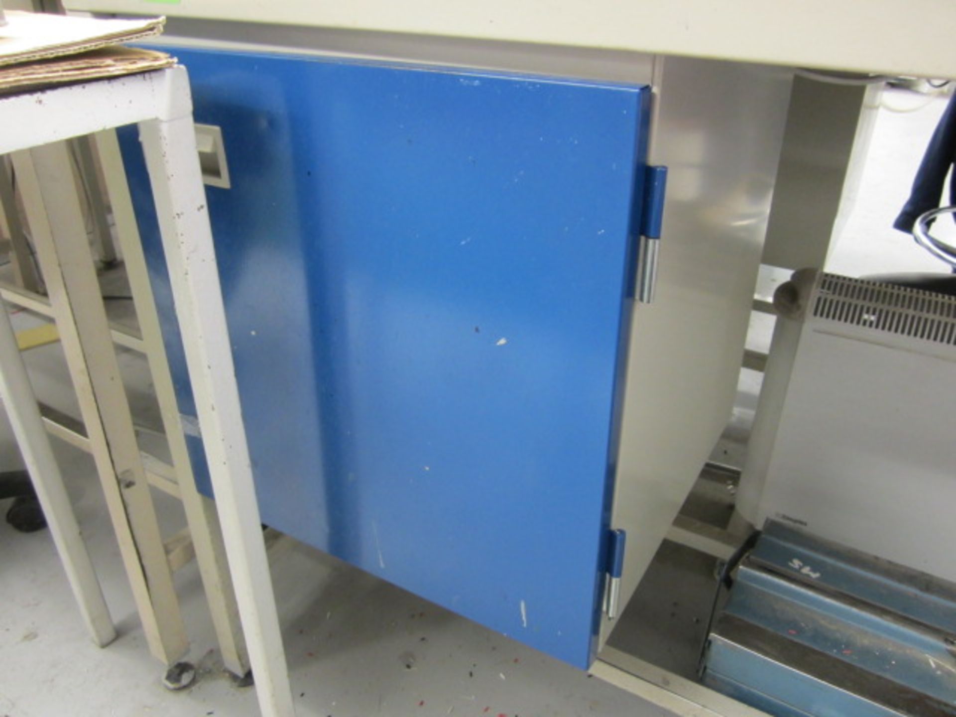 2 Metal framed work station with single door cupboard, overhead lighting and power sockets, 1200mm x - Image 3 of 4
