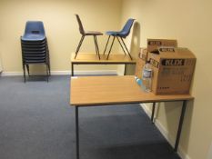 3 various tables, 11 - stacking canteen chairs, steel 2 door stationery cupboard
