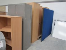 Assorted steel and wood effect stationery cupboards, bookcases, pedestal units, etc.