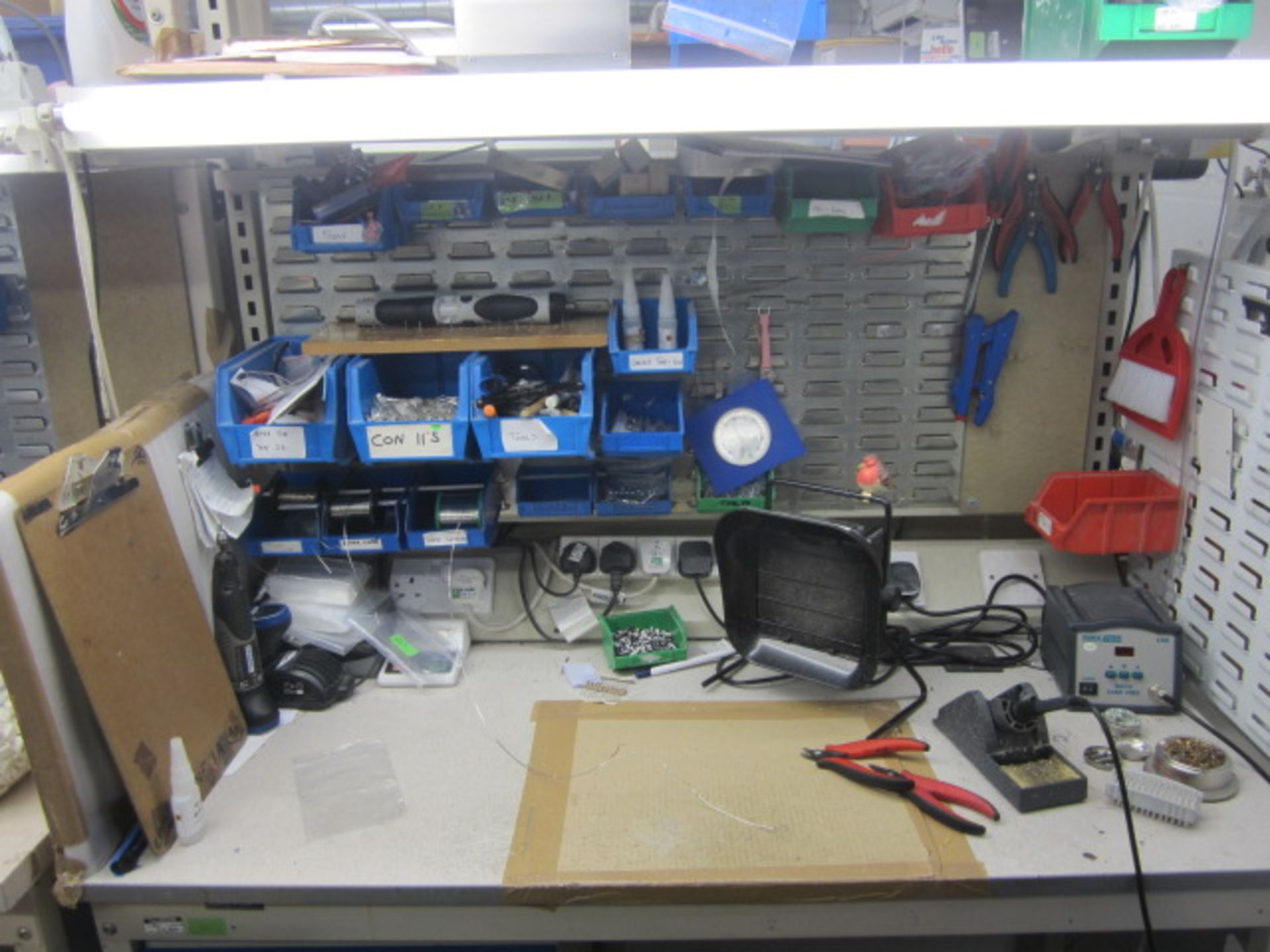 2 Metal framed work station with single door cupboard, overhead lighting and power sockets, 1200mm x - Image 2 of 4