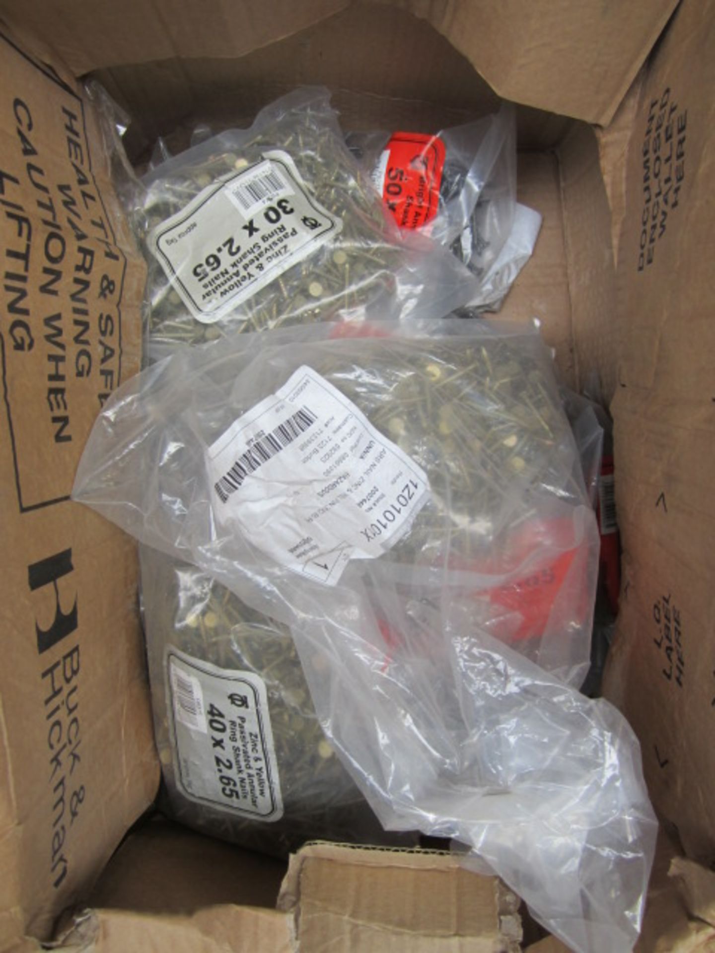 Four boxes of assorted consumables including 150 x 6.0 wire nails, panel pins, ring shark nails, - Image 2 of 5