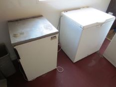 Enamel chest freezer, approx 800 x 700 x 870mm, and an undercounter refrigerator, 550 x 600 x 870mm