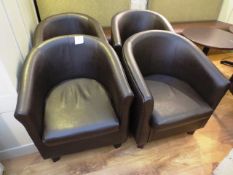Four brown leather effect 'tub' style armchairs