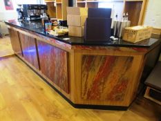 4200 x 1750mm, marble topped, timber framed fitted bar with undercounter and rear wall display