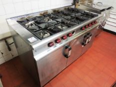 Morwood Vulcan mobile eight burner gas hob with twin door and single door ovens, gas powered,