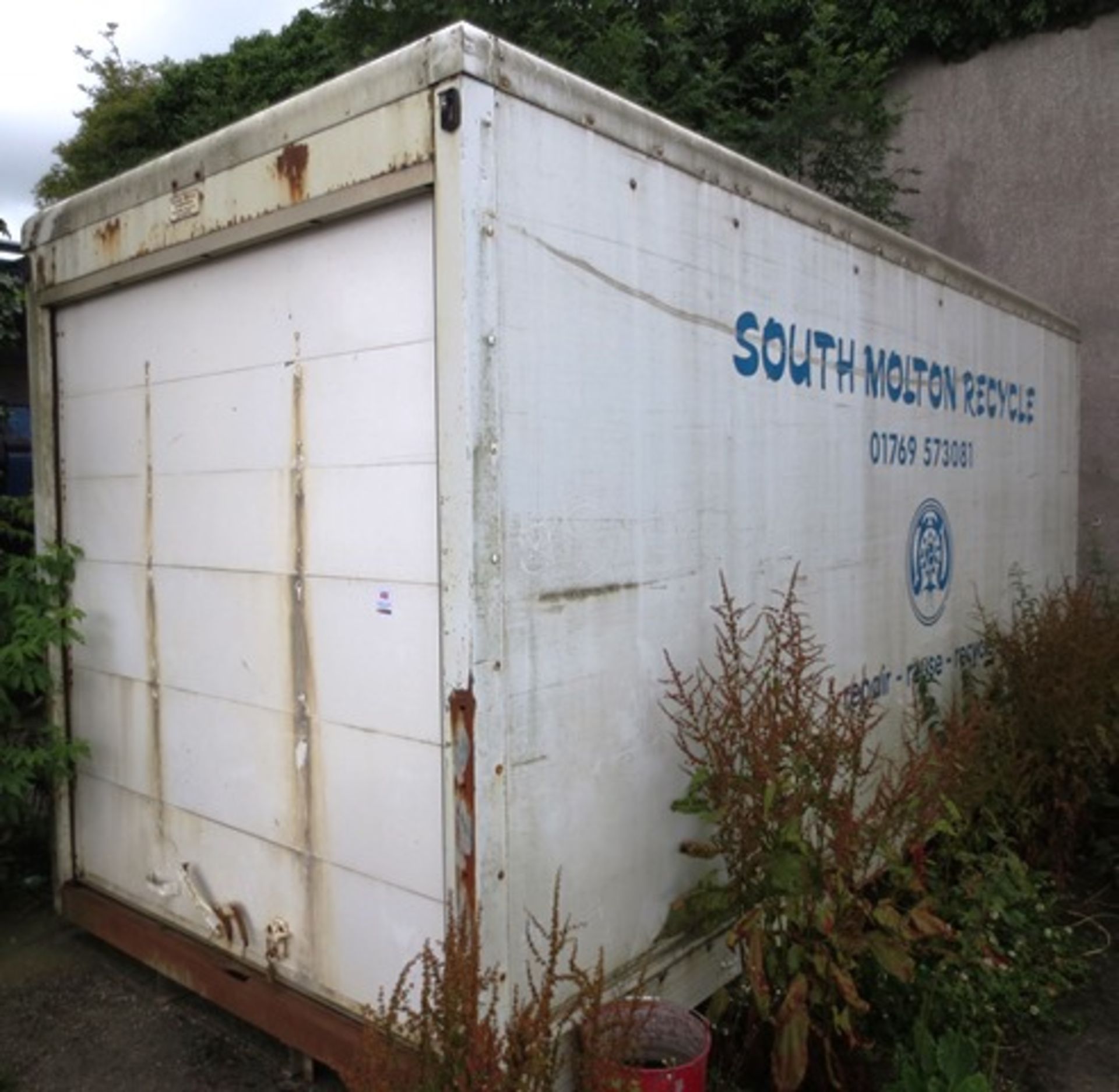 Ex-lorry body, approx 5m length, roller shutter (located at Mill Street, South Molton, EX36 4BL) (