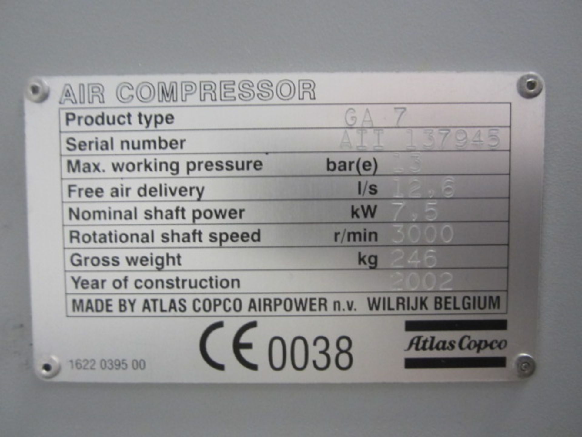 Atlas Copco GA7FF Workplace Air System receiver mounted air compressor, serial number AII137945 ( - Image 5 of 7