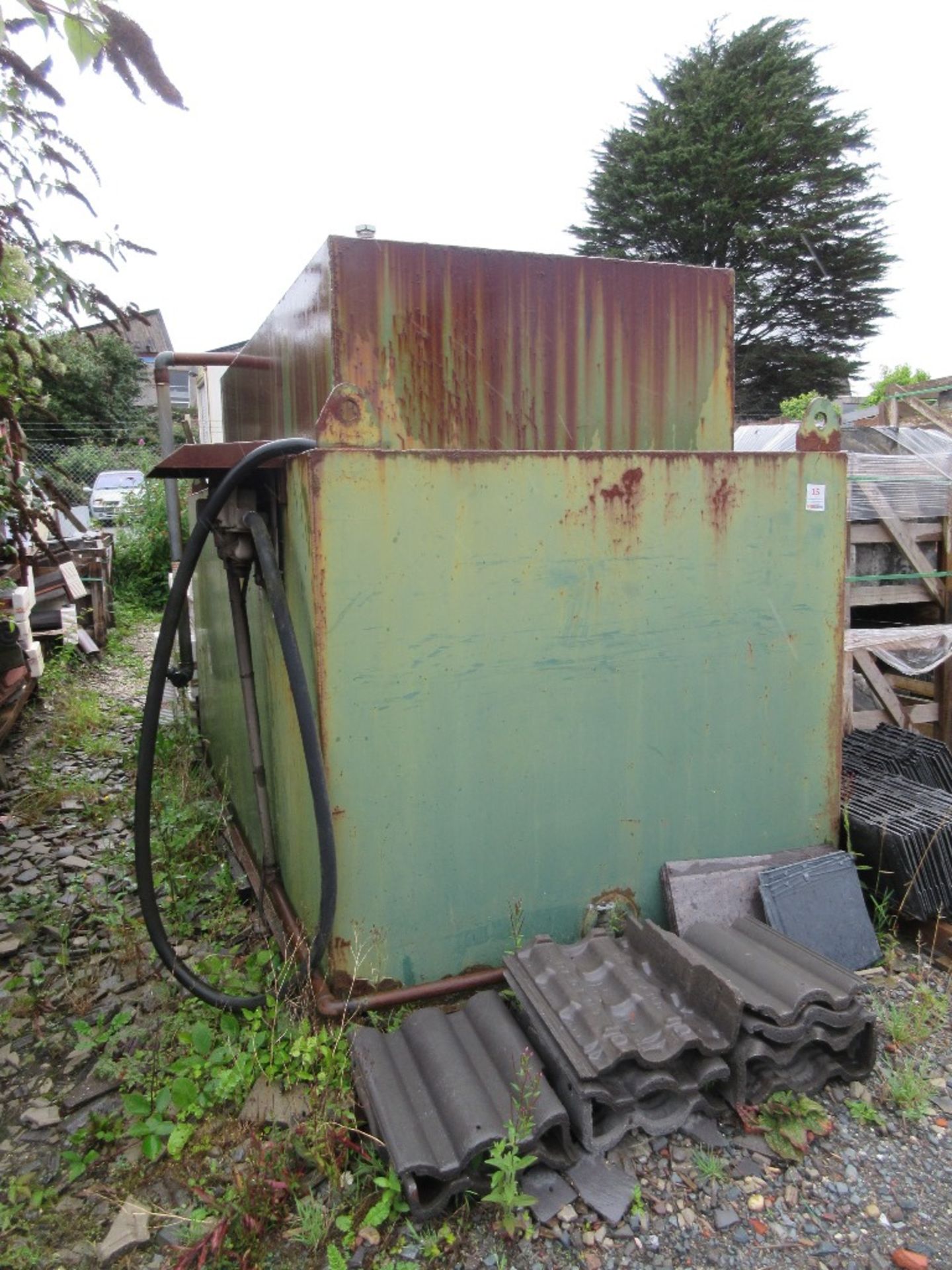 Bunded steel fuel storage tank, with fitted dispenser; approx. vessel dimensions: 2450 x 1230 x