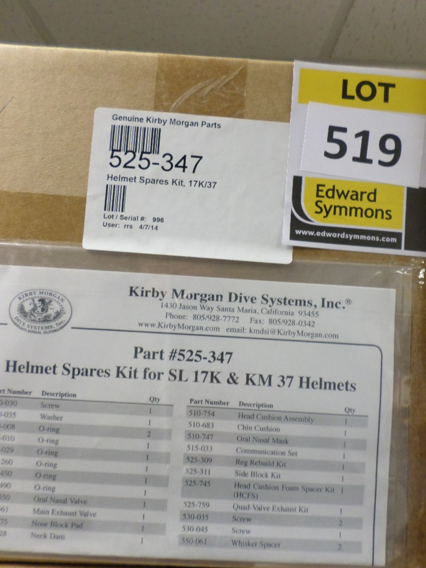 Unused Kirby Morgan 525-347 helmet spares kit 17K/37
