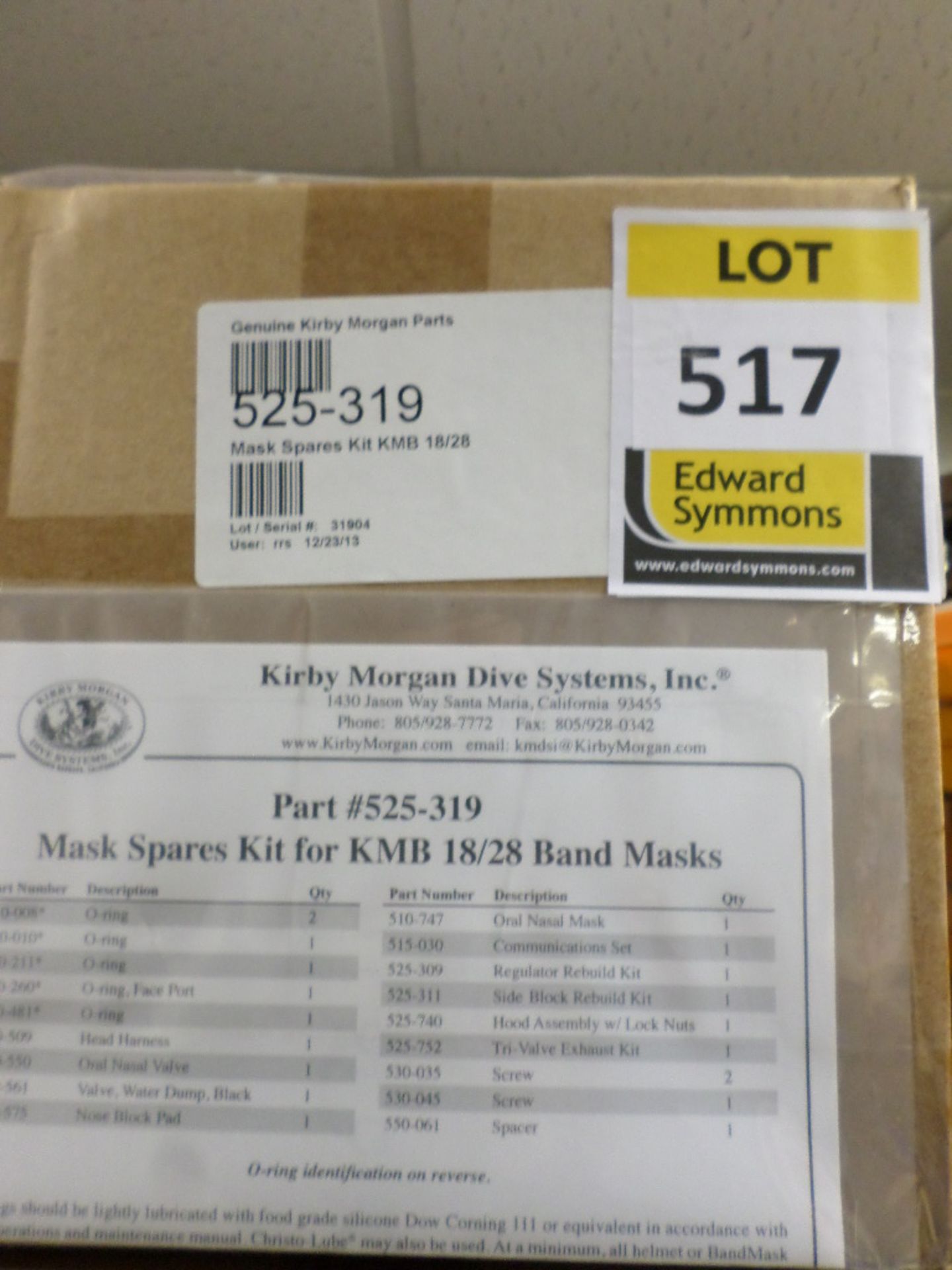 Unused Kirby Morgan 525-319 mask spares kit KMB18/28