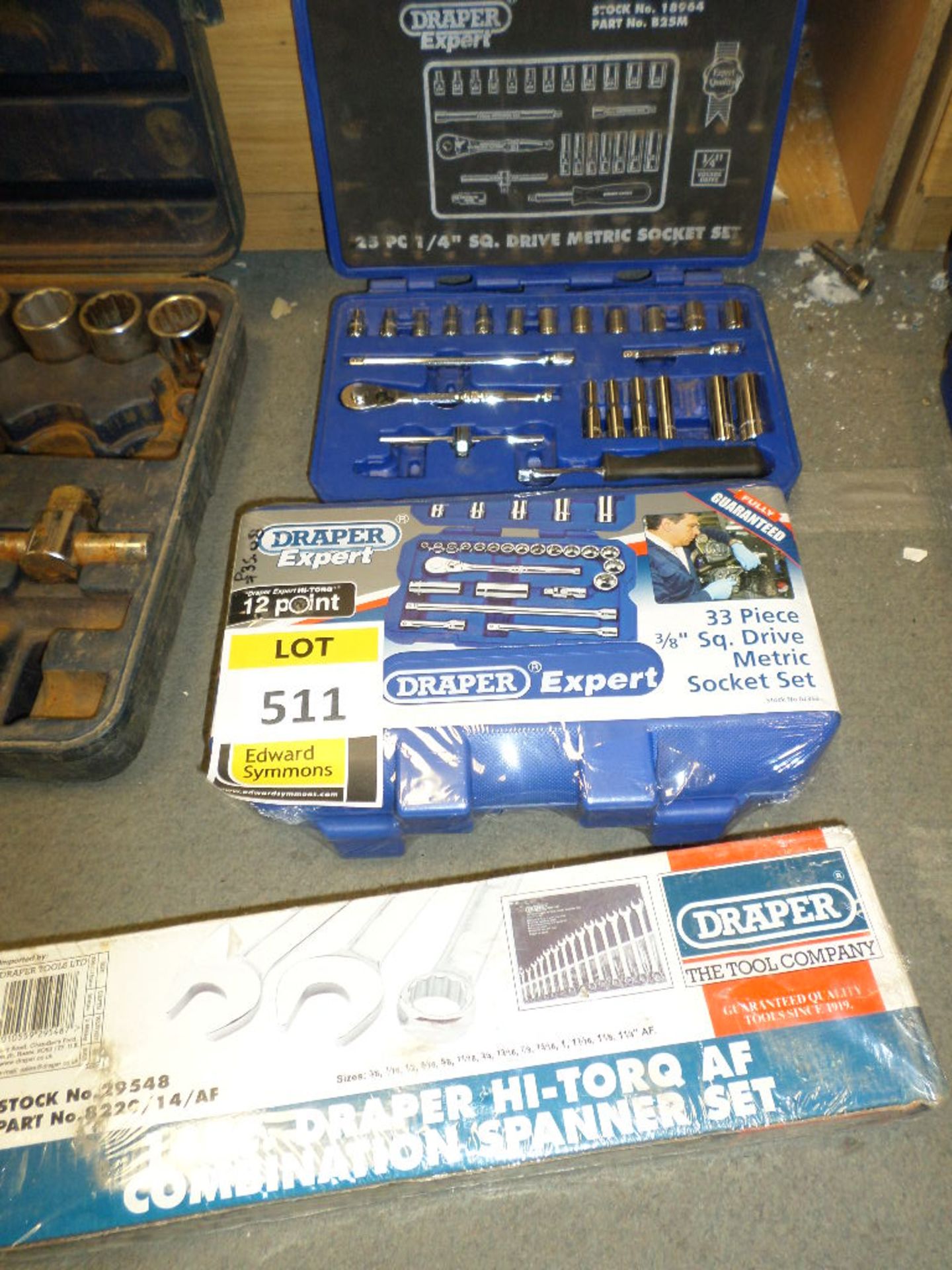 Unused Draper 3/8" drive socket set with incomplete 1/4" drive socket set and unused set imperial