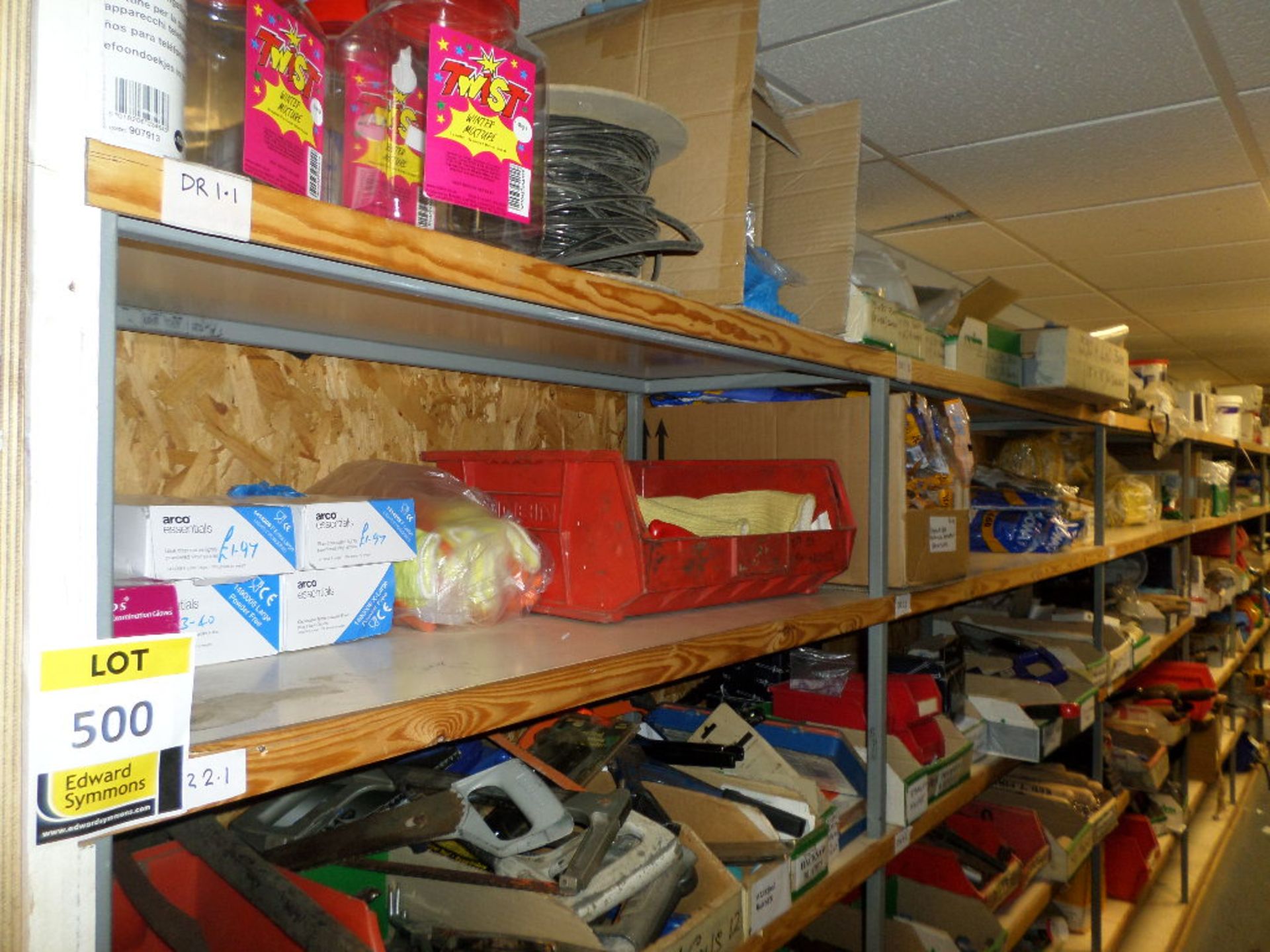 Contents to Rack D, tiers DR1 to DR2 mainly, PPE and janitorial supplies