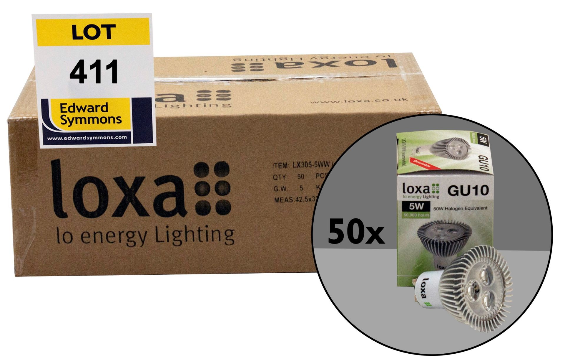 50  Loxa model LX305-5WW:  5 watt dimmable 230v LED GU10 lamps - 3000K warm white (replaces 50W