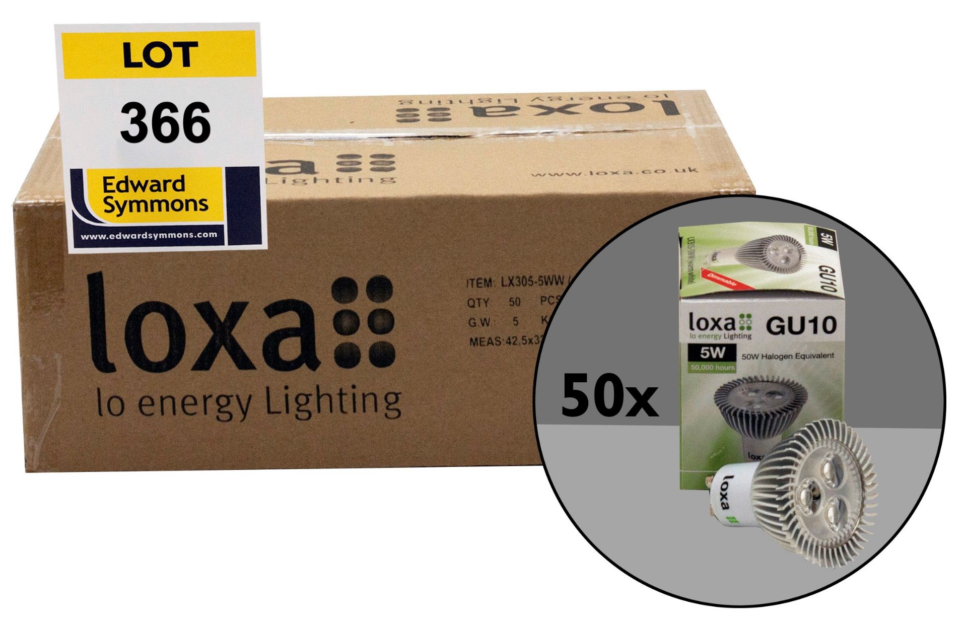 50  Loxa model LX305-5WW:  5 watt dimmable 230v LED GU10 lamps - 3000K warm white (replaces 50W