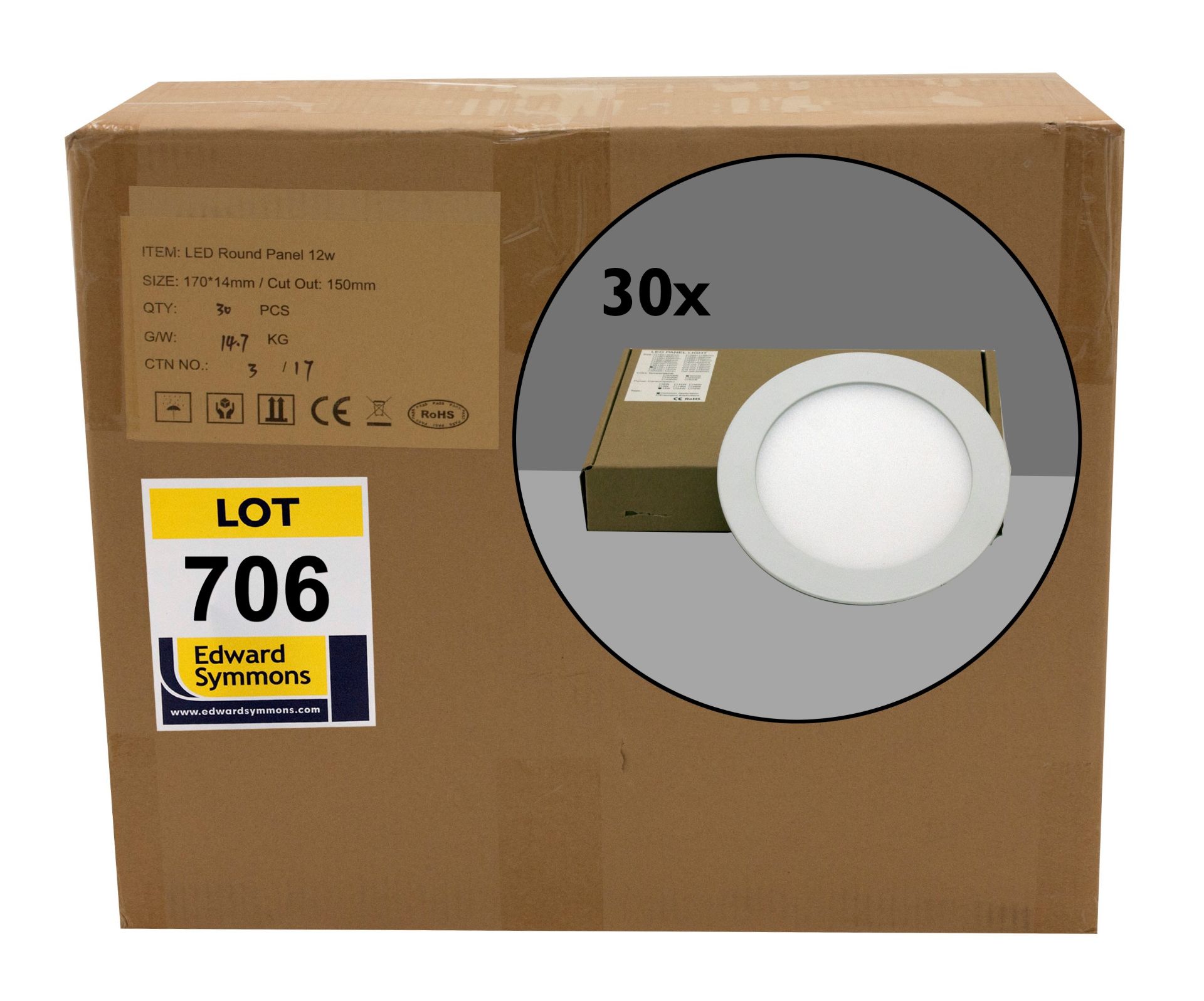 30  Loxa model LX318-12NWW-F:  12 watt LED round panel ceiling lights (Ø170mm) - 5000K white