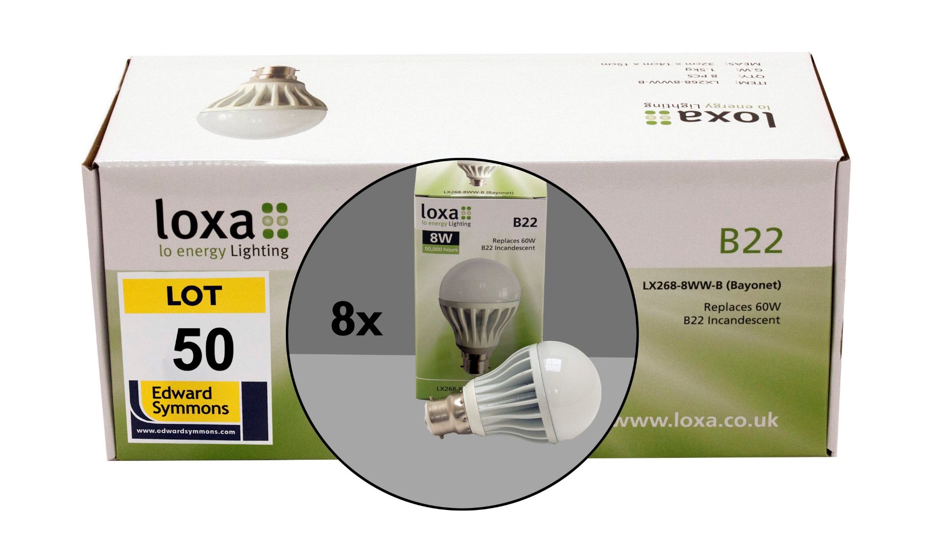 8  Loxa model LX268-8WW-B:  8 watt LED GLS B22 bayonet cap bulb (replaces 60W incandescent)