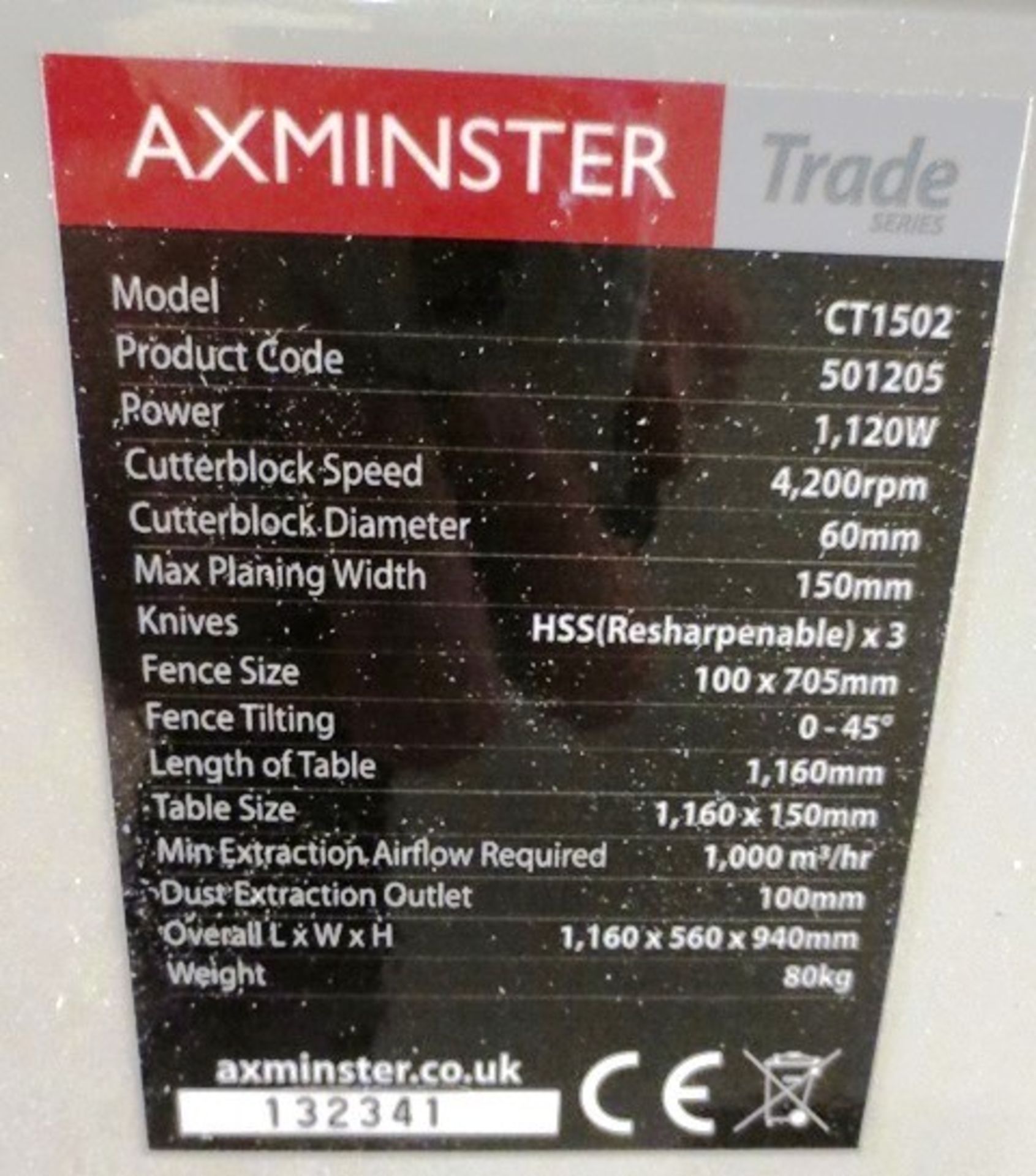 Axminster Trade Series CT1502 planer, product code: 501205, serial no: 132341, max planning width: - Image 5 of 5