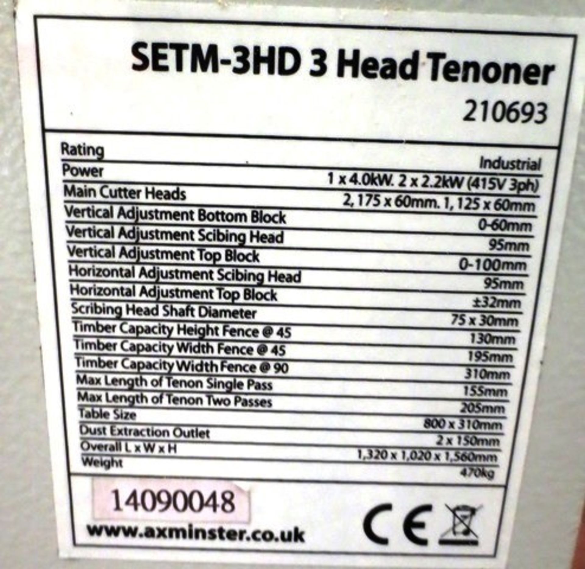 Axminster Industrial Series SETM-3HD 3 head tenoner, serial no: 14090048, max length of tenon single - Image 5 of 8