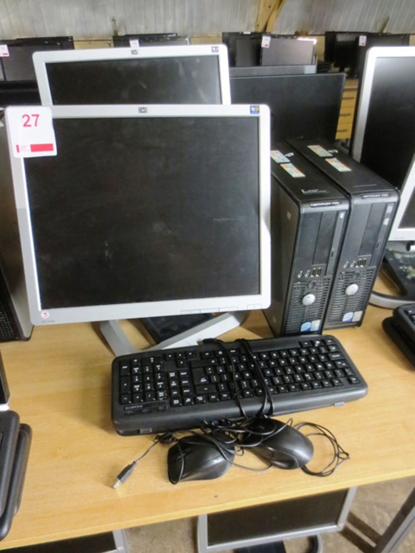 Two Dell Optiplex 755 desktop PCs, serial nos: 103UD3J (one unknown), two HP flat screen monitors,