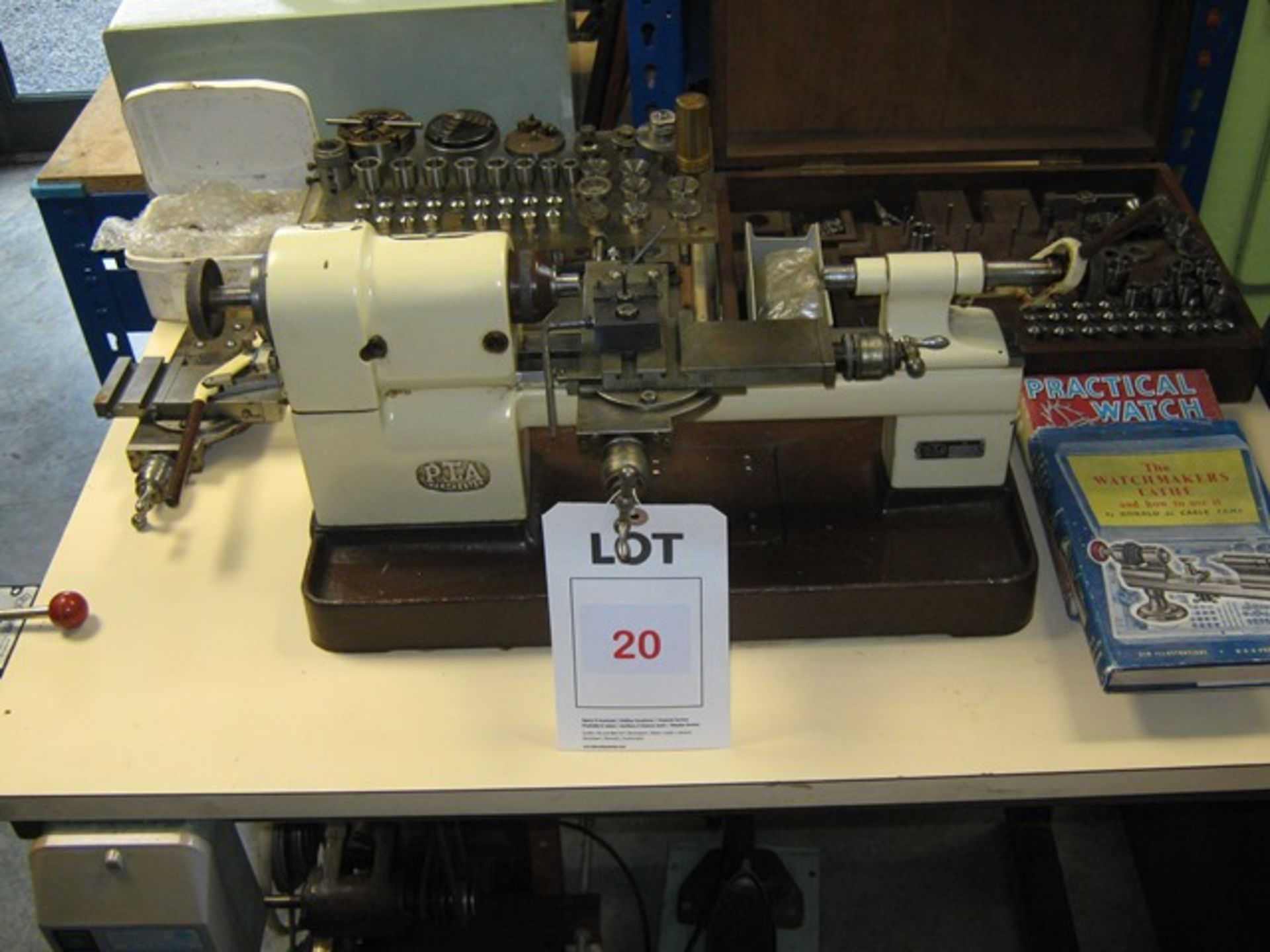 PULTRA (PTA) Watchmakers Lathe, S/No. 17176, mounted on bench with 240V motor, Forward/Reverse, foot