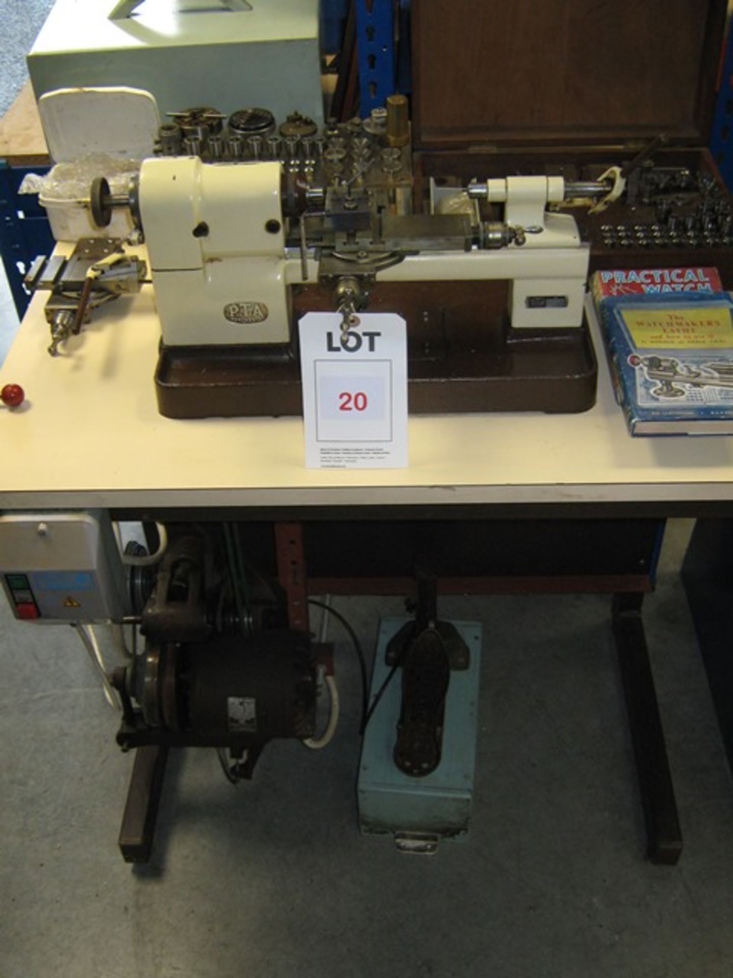 PULTRA (PTA) Watchmakers Lathe, S/No. 17176, mounted on bench with 240V motor, Forward/Reverse, foot - Image 2 of 4