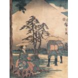Farbholzschnitt Japan, 19. Jh.. Figurenszene mit Blick auf den Fudschi. Am rechten Rand