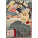 Farbholzschnitt Japan, 19. Jh.. Figurenszene. Im unteren Bildbereich Schriftkartuschen und