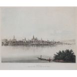 Col. Aquatinta 19. Jh.. Blick über den Rhein auf Mainz. Gestochen von T. Sutherland nach Schütz,