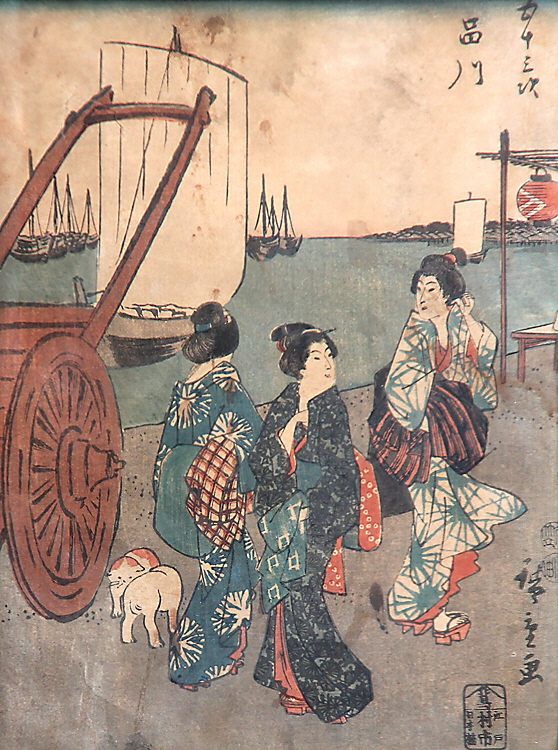 Farbholzschnitt Japan, 19. Jh..  Drei Frauen auf der Strandpromenade. Im rechten Bildbereich