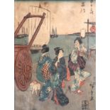 Farbholzschnitt Japan, 19. Jh..  Drei Frauen auf der Strandpromenade. Im rechten Bildbereich