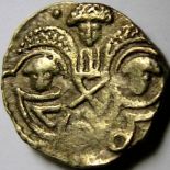 Anglo Saxon, GOLD THRYMSA [c.655-675]. Two Emperors type, Post Crondall, Helmeted bust right. Rev.