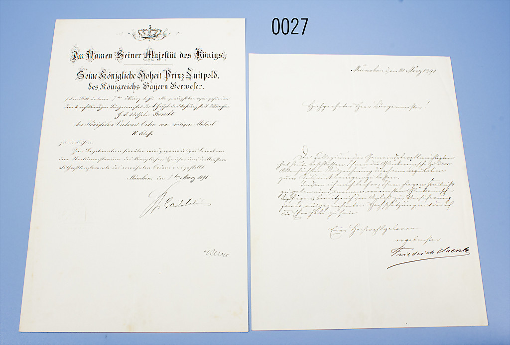 Bayern Urkunde zum Königlichen Verdienst-Orden vom Heiligen Michael IV. Klasse, München 8.3.1891,