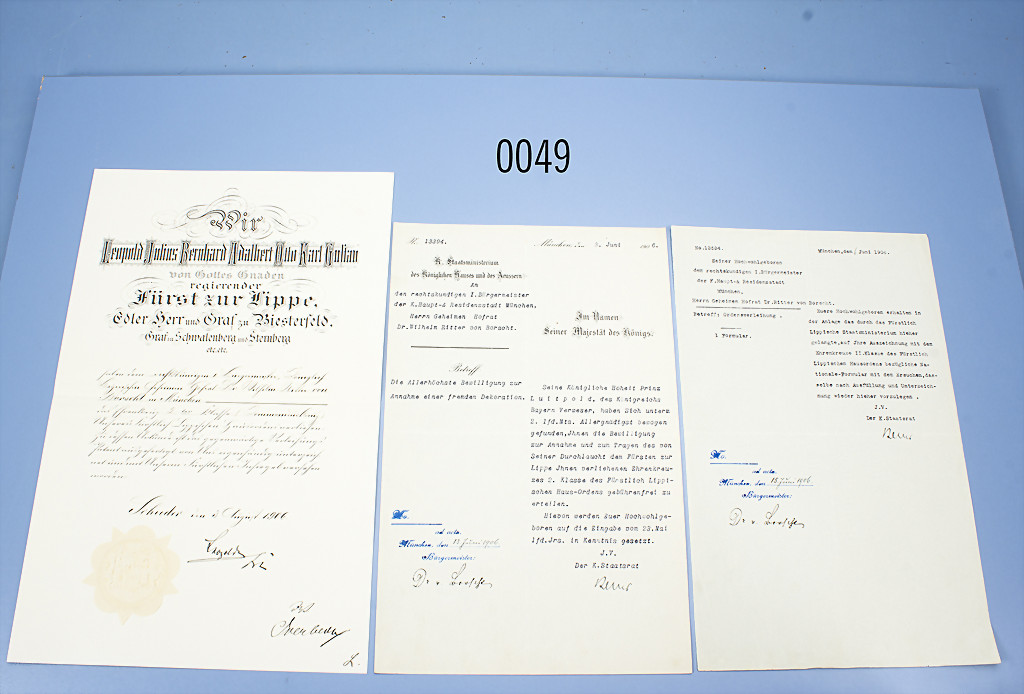 Lippe-Detmold Urkunde zum Ehrenkreuz 2. Klasse (Kommandeurkreuz) des Fürstlich Lippischen