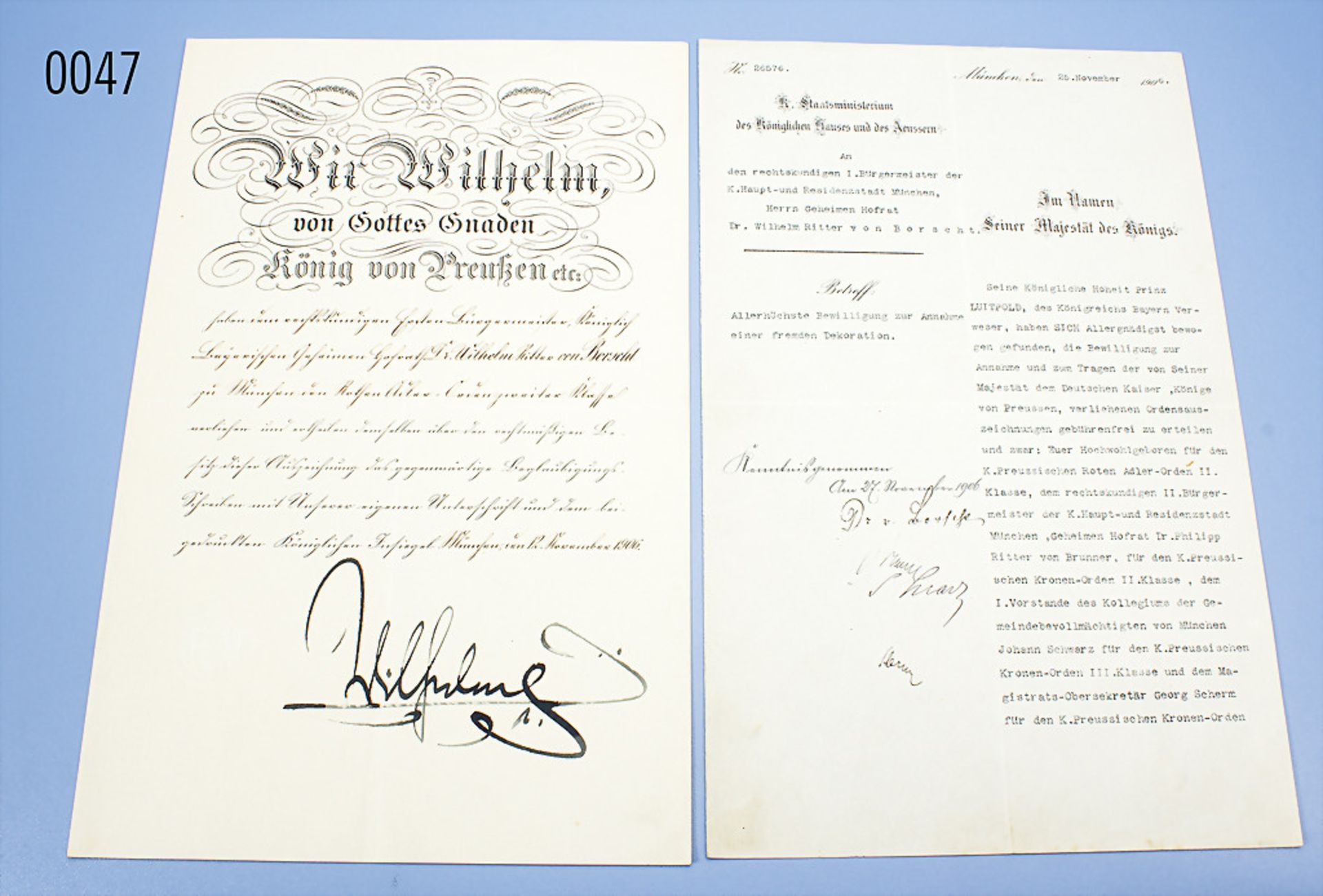 Preußen Urkunde zum Roten Adler-Orden 2. Klasse, München 12.11.1906, original Unterschrift Kaiser