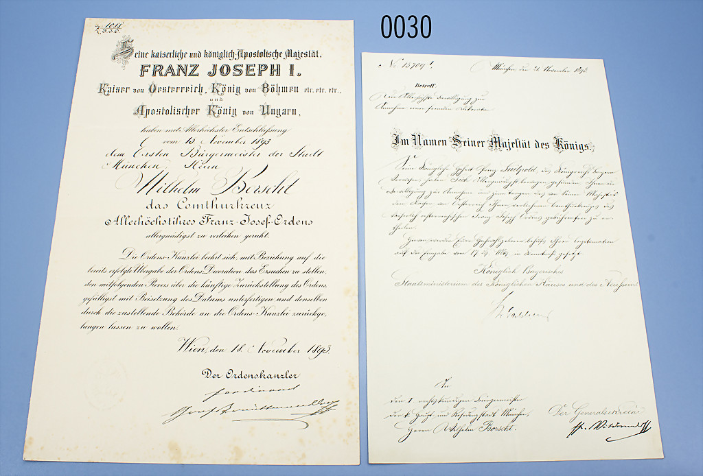 Österreich Urkunde zum Komturkreuz des Franz-Josef-Ordens, Wien 18. Nov. 1893, Doppelblatt sowie