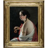 Unbekannter PortraitistFrankreich, 19. Jh. Damenportrait mit Apfel. Öl auf Leinwand, Craquelée.