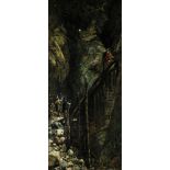 Landschaftsmaler "C. Spitzweg"19. Jh. Vier Männer auf einer Holztreppe an einer Felswand. Öl auf