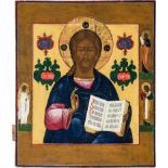 Christus PantokratorRussland, Anfang 19. Jh. Flaches Kowtscheg, Tempera auf Kreidegrund, Hintergrund