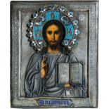 Christus Pantokrator mit SilberokladRussland, Ende 19. Jh. (Ikone), 1908-1917 (Oklad) Tempera auf