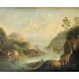Unbekannter Landschaftsmaler19. Jh. Idyllische Flusslandschaft. Öl auf Holz, Holzbrett längs