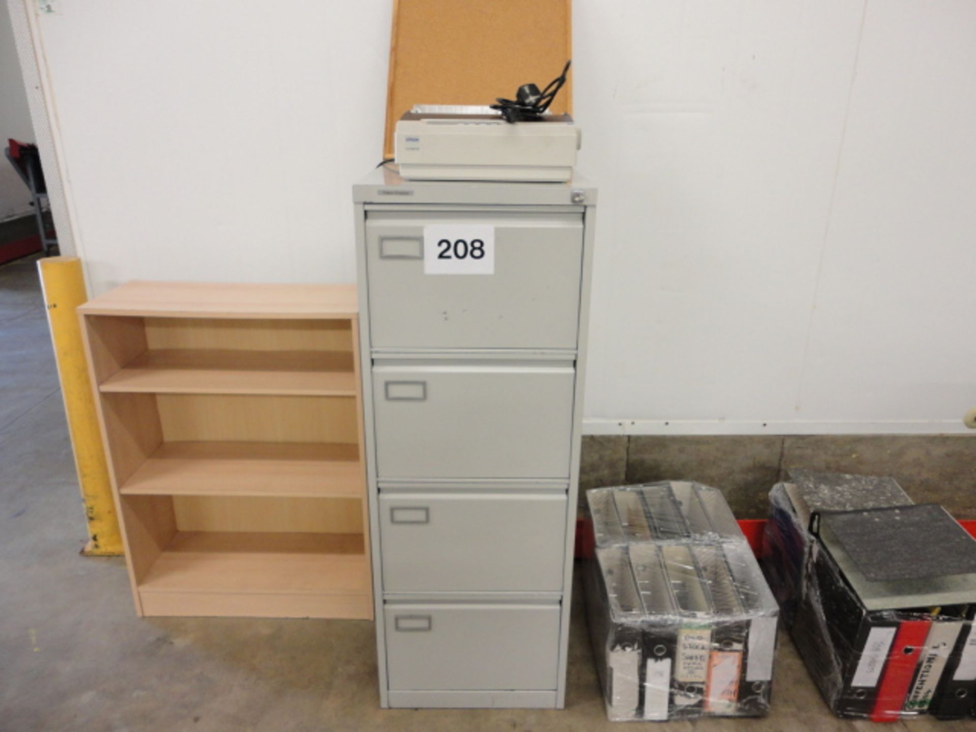 Book shelf/ 4 draw filing cabinet/ epson printer/ notice board and leaver arch files LIFT OUT £5