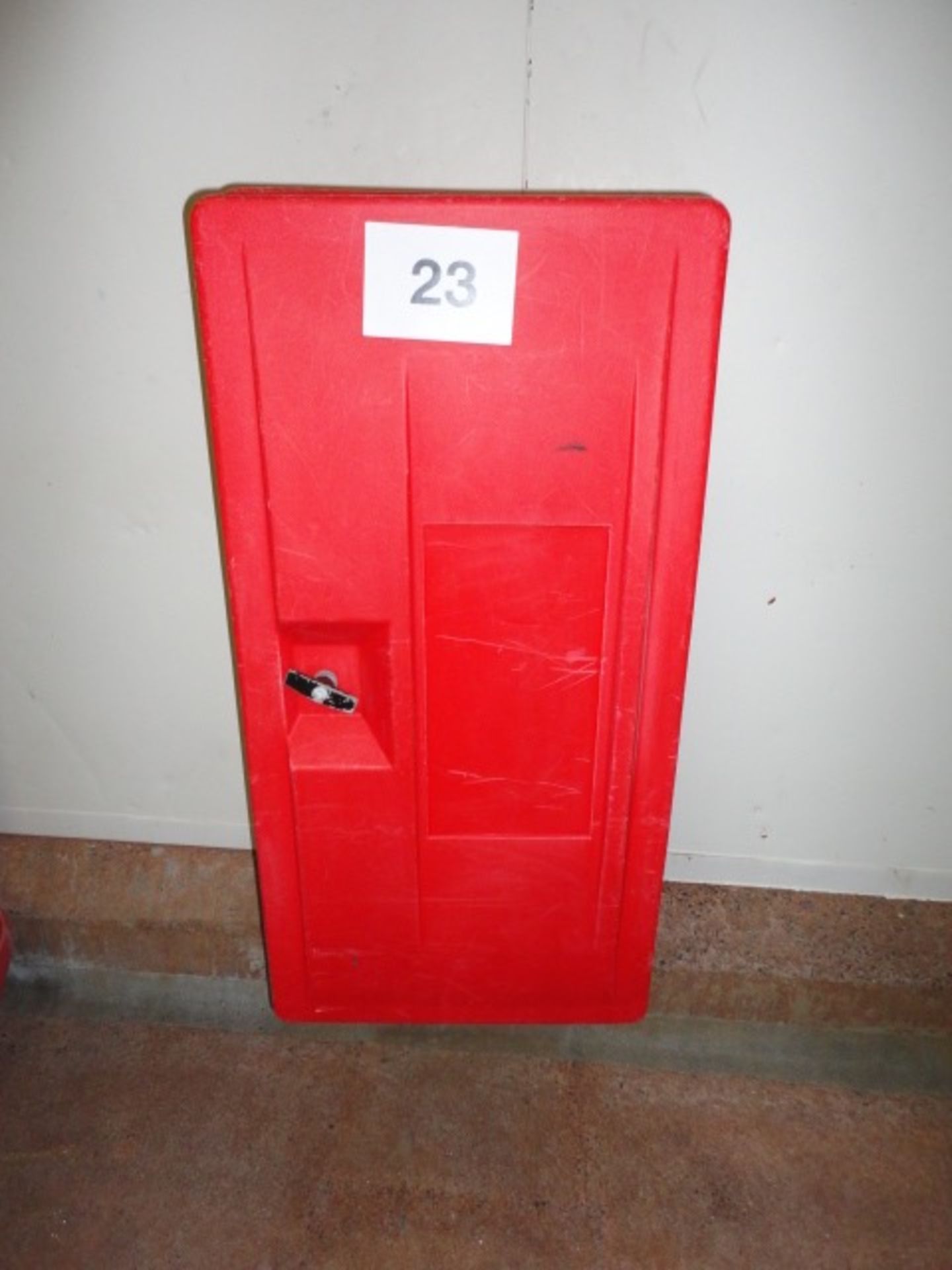 Red plastic fire extinguisher cabinet with door lock  LIFT OUT £5