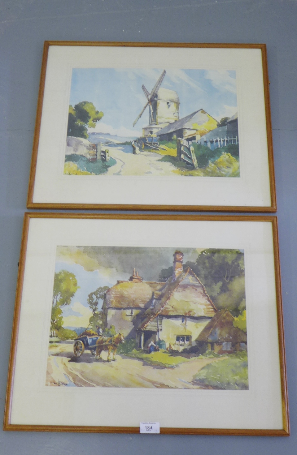After R. Hyams, a companion pair of framed prints - 'The Windmill' and 'Kentish Cottage' (2)