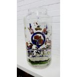 Large clear glass pharmacy specie jar with enamel and gilt crest to front (worn) 61cm high