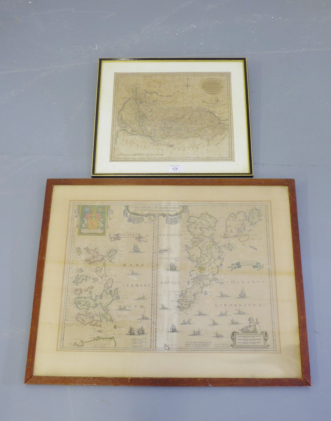 Orkney & Shetland (Orcadum et Schetlandle) 18th century hand tinted map, 38 x 49cm together with